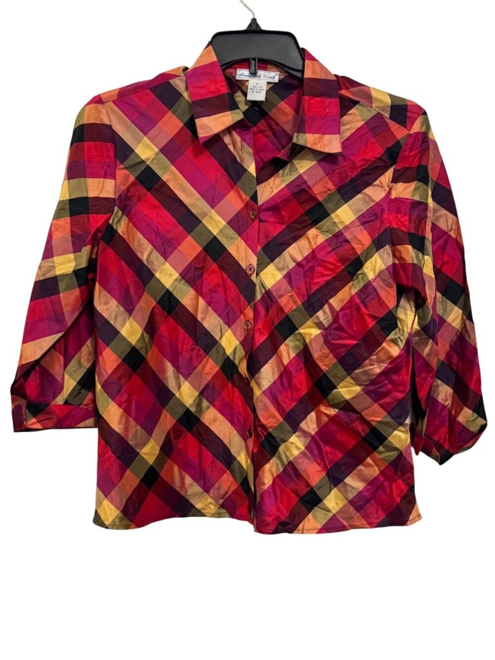 Vintage 100% silk Anna And Frank Womens L button up shirt Plaid Size Large